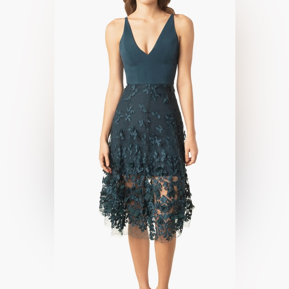 Dress the Population Darleen V-Neck Peacock Blue Embellished Midi Dress - Picture 2 of 13